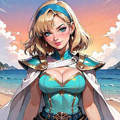 Digital anime-style illustration of a blonde woman with blue eyes, wearing a turquoise dress, white cape, and headband, standing on a beach at sunset
