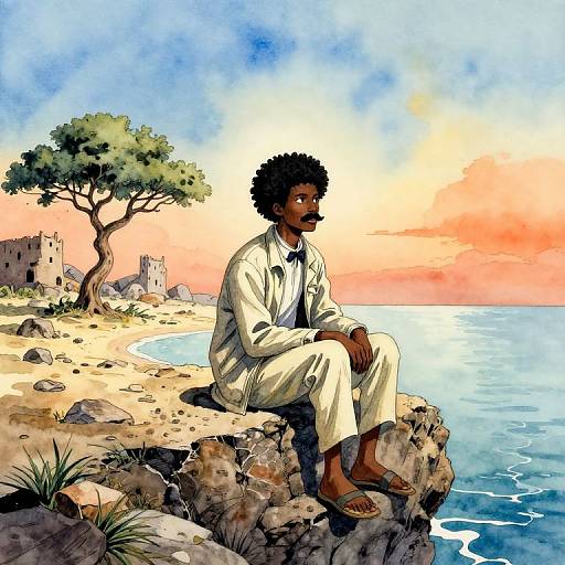 Digital painting of a dark-skinned man with curly hair, wearing white traditional clothing, sitting on a rocky coastal cliff at sunset, with a tree and