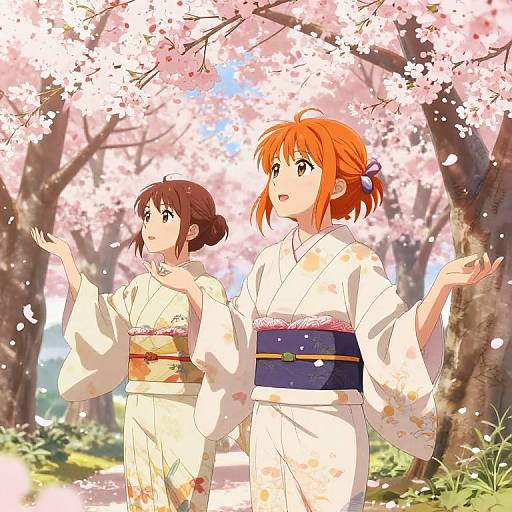 Anime-style digital drawing of two girls in white kimonos, with orange and brown hair, standing under cherry blossom trees, petals falling.