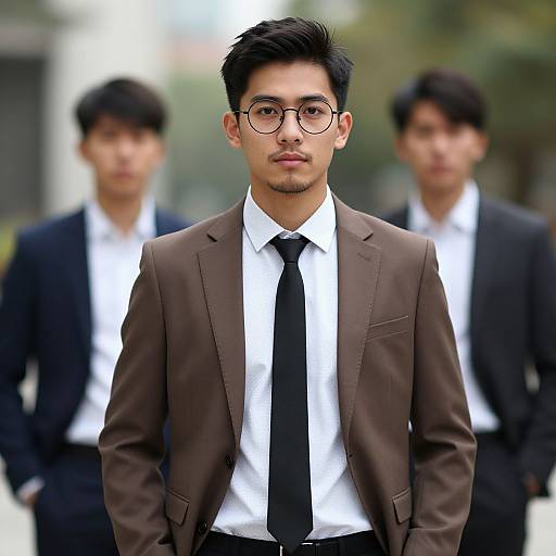 Photograph of an Asian man with short black hair, glasses, brown suit, white shirt, black tie, standing in front of two blurred men in