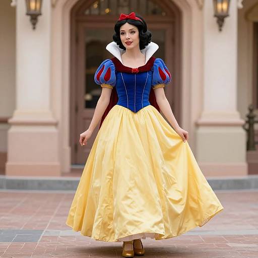 Digital artwork of Snow White in her iconic blue bodice, yellow skirt, and red bow, standing in a fairytale-style courtyard.