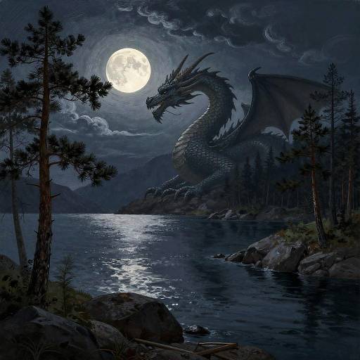 Digital painting of a dark blue dragon with wings, under a full moon, standing by a reflective, rocky lake surrounded by trees.