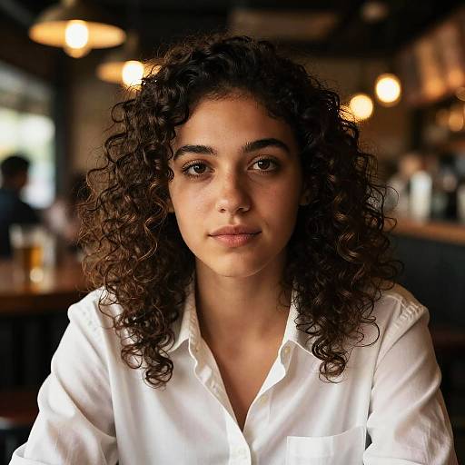 Young Woman with Curly Hair in White Shirt at Bar