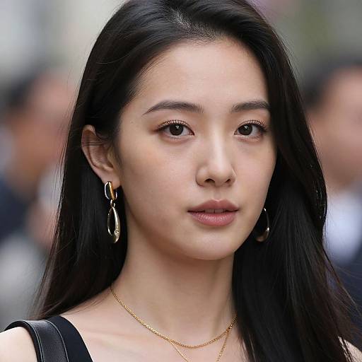 Photograph of an East Asian woman with long black hair, wearing gold hoop earrings, a thin gold necklace, and a black top, with a blurred