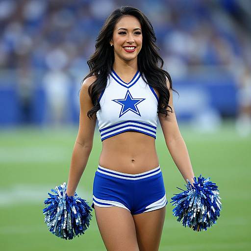 Photograph of a smiling Latina cheerleader with long black hair, wearing a white and blue crop top and shorts, holding blue pom-poms, on