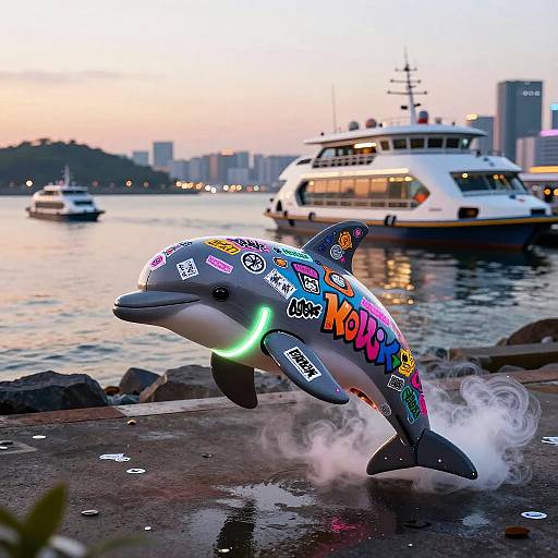 Photograph of a dolphin decorated with colorful stickers and neon lights, jumping out of water at sunset, with a yacht and city skyline in the background.