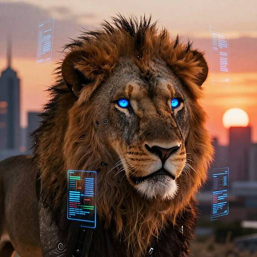 AI Lion with Glowing Blue Eyes and Holographic Data