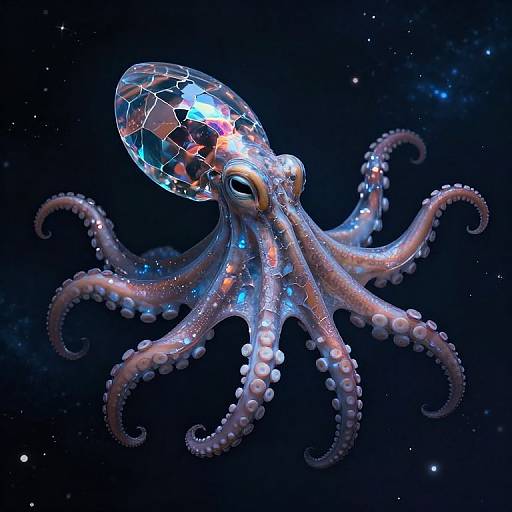 Digital artwork of a glittering, gemstone-covered octopus with blue, purple, and white hues, floating in a starry, dark space background