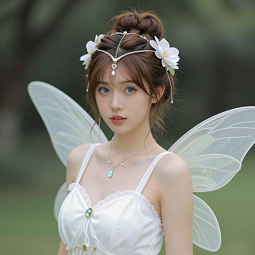 Photograph of a young Asian woman with fair skin, blue eyes, and brown hair in a bun, wearing a white lace dress, fairy wings,