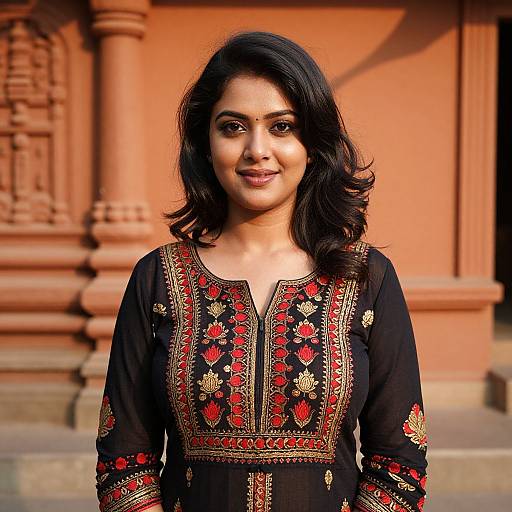 Photograph of a smiling Indian woman with medium skin tone, black wavy hair, wearing a black embroidered traditional dress, standing in front of a red