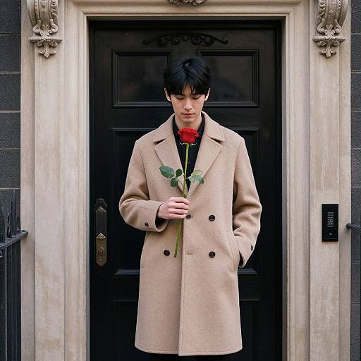 Photograph of a young Asian man with short black hair, wearing a beige coat, holding a red rose, standing in front of a black wooden door