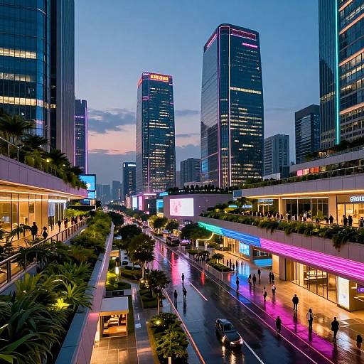 Photograph of a vibrant, neon-lit urban cityscape at dusk, featuring tall skyscrapers, a busy street with colorful reflections, and illuminated