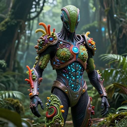 Photorealistic CGI of a futuristic, alien-like humanoid with vibrant, bioluminescent armor adorned with colorful, organic textures, standing in a dense