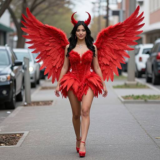 Woman in Red Feathered Winged Costume