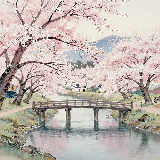 Digital drawing of a wooden bridge over a reflective creek, surrounded by pink cherry blossom trees, with a serene landscape in the background.