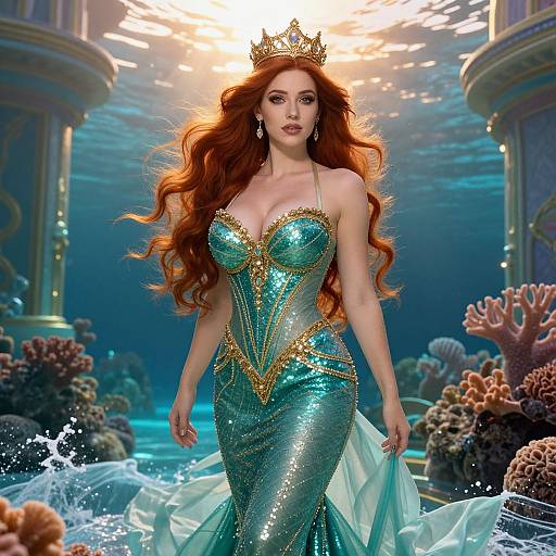 Digital artwork of a beautiful mermaid queen with long red hair, wearing a sparkling green sequin dress, golden accents, and a crown, walking underwater