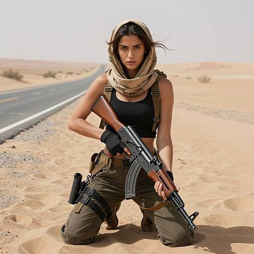 Woman with AK-47 Rifle in Desert
