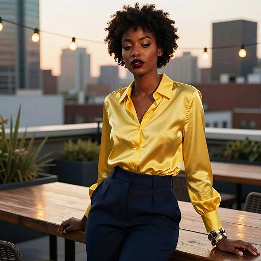 Confident Woman in Yellow Silk Blouse on Urban Rooftop