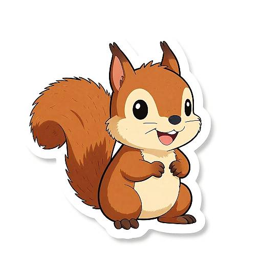 Cute, cartoon-style, digital drawing of a cheerful, small red squirrel with large black eyes, standing on hind legs, smiling, and holding its