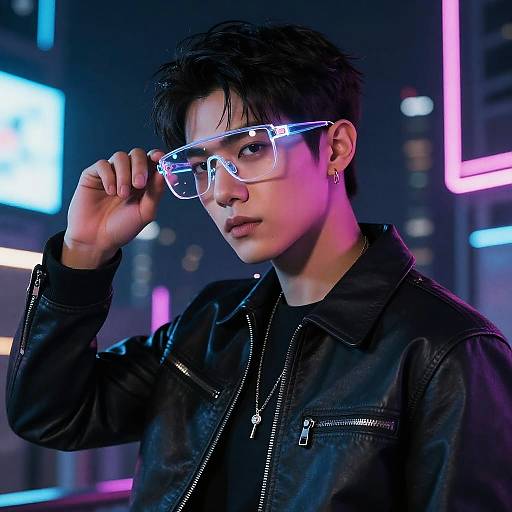 Photograph of an Asian man with short black hair, wearing neon-framed glasses, black leather jacket, and black shirt, adjusting glasses in a neon