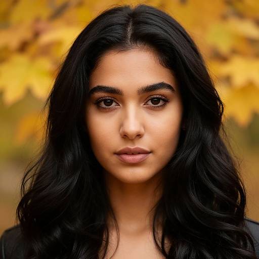 Photograph of a young woman with long, wavy black hair, olive skin, and dark eyes, set against a blurred autumnal yellow background.