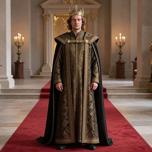 Photograph of a man with curly brown hair wearing an ornate golden crown and black, gold-embroidered royal robe, standing on a red