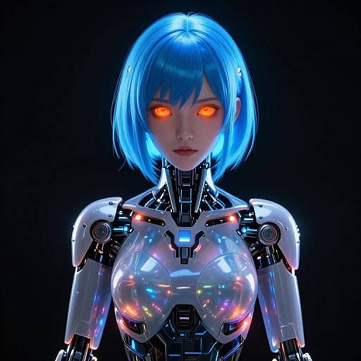 CGI image of a blue-haired, glowing-eyed, cybernetic woman with metallic, reflective armor and red-orange eyes, set against a black background
