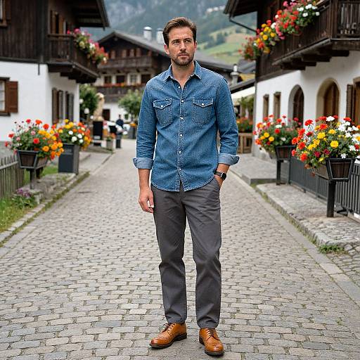 Photograph of a bearded man in a blue denim shirt, gray pants, and brown shoes standing on a cobblestone street lined with flower-filled