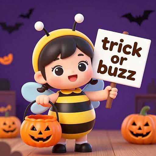 Cute cartoon bee girl with black hair, yellow-black stripes, holding 