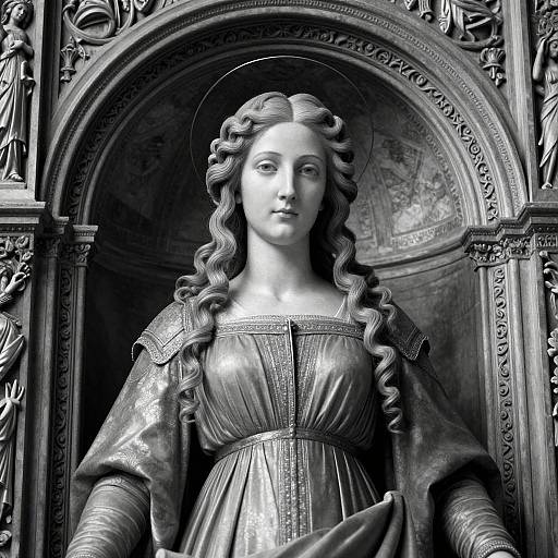 Black-and-white photograph of a medieval stone statue of a serene woman with wavy hair, wearing a detailed, ornate dress, set within an intric