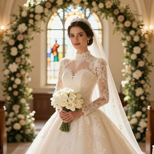 Photograph of a beautiful bride in a lace, long-sleeve white wedding gown holding a bouquet of white roses, standing in a sunlit,