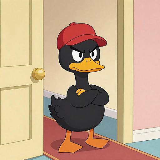 Angry Cartoon Black Duck in Red Hat