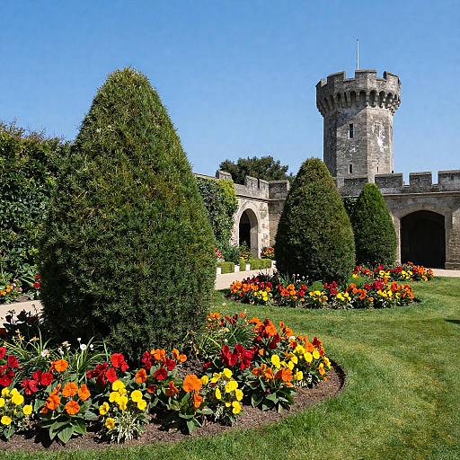 Sunlit Garden with Stone Archway and Tower