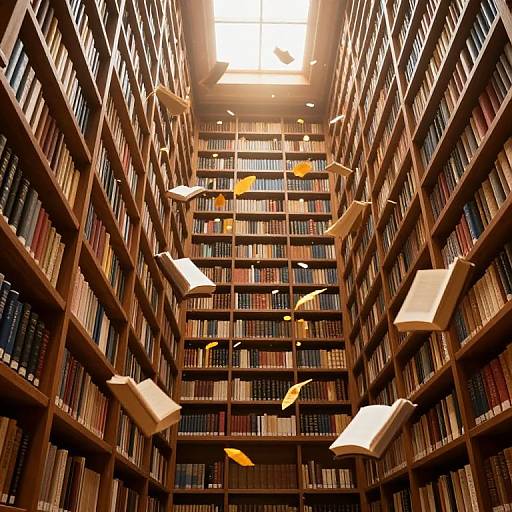 Photograph of a towering library with wooden bookshelves, colorful books, and floating white and yellow paper leaves illuminated by sunlight.