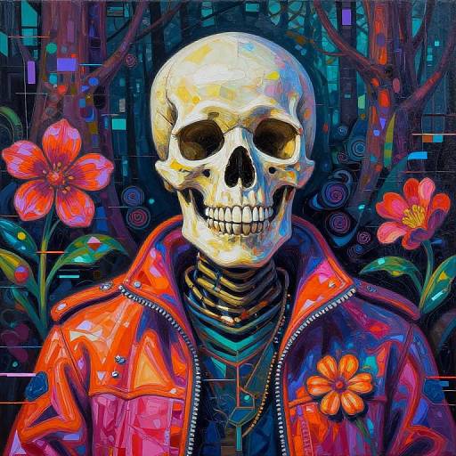 Digital painting of a vibrant, colorful skull in a red leather jacket, surrounded by bright red flowers and a dark, abstract forest background. Neon hues and
