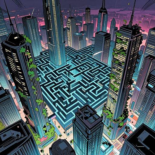 Digital comic-style artwork of a neon-lit, maze-like cityscape at night, surrounded by towering skyscrapers with vibrant, colorful lights and scattered