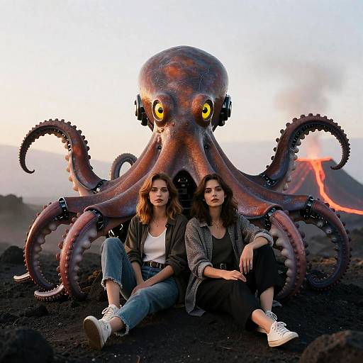 Photograph of two women with long brown hair, wearing casual clothes, sitting in front of a large, detailed, orange-brown octopus with yellow