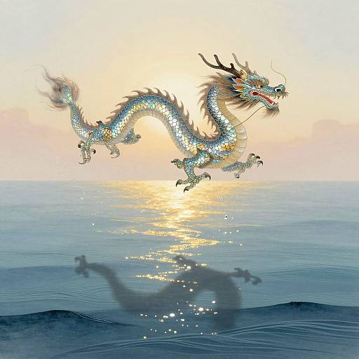 Digital illustration of a glowing, blue and silver dragon with intricate scales and horns, leaping over a calm ocean at sunset, casting a shimmering shadow