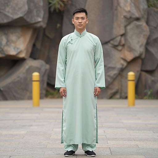 Asian Man in Light Green Traditional Outfit Outdoors