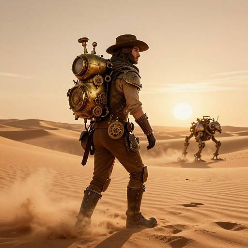 Photorealistic CGI: Steampunk adventurer with intricate brass backpack and goggles walks in golden desert sunset, following robotic companion in dust.