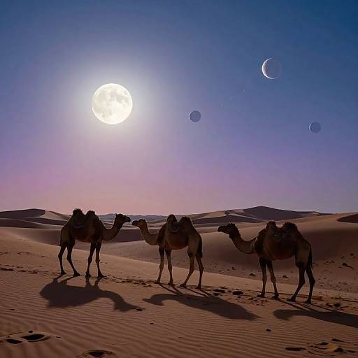 Photograph of three camels with saddles standing in a desert with rippled sand, under a bright sun and a purple-blue sky with crescent