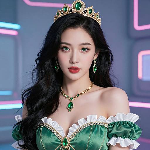 Digital portrait of an Asian princess with long black hair, green eyes, wearing a gold tiara, green off-shoulder dress, green emerald
