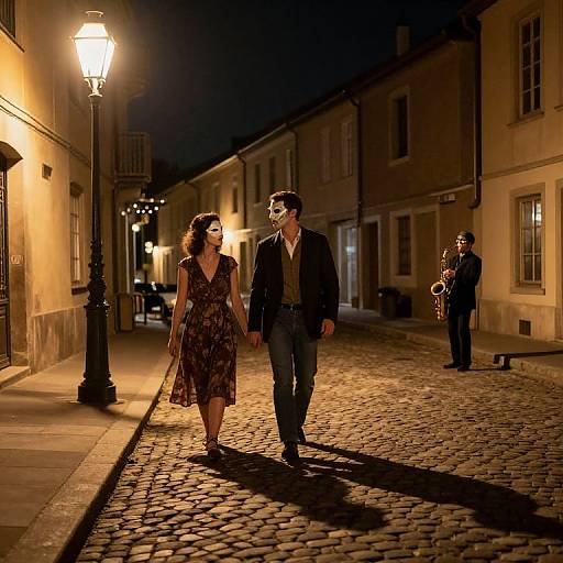 Photograph of a nighttime cobblestone street; a couple walks hand-in-hand, illuminated by street lamps, with a saxophonist in the background
