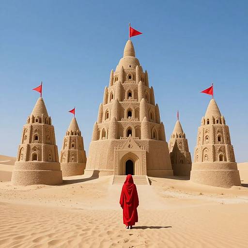 Photograph of a lone figure in a vibrant red robe walking towards a sandstone desert temple with four turrets, each topped with a red flag,