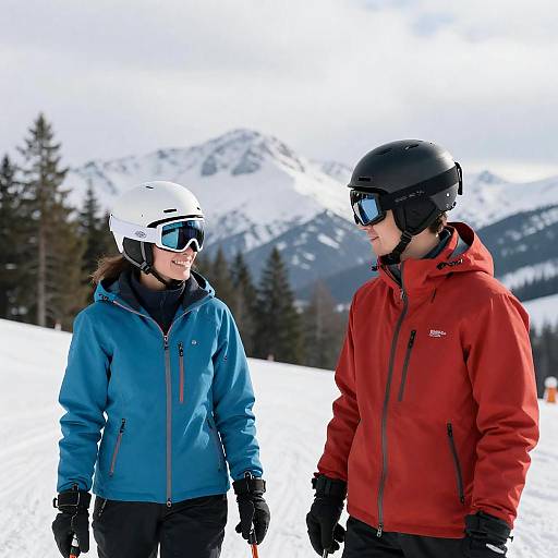 Joyful Skiing Couple on Snowy Mountain
