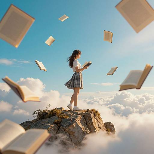 Photograph of a young Asian woman with long black hair in a white shirt and plaid skirt, standing on a rocky mountain peak, surrounded by floating