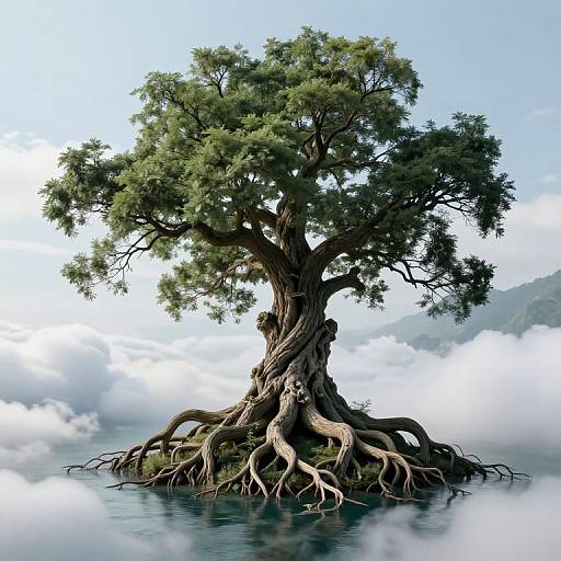 Digital artwork of a majestic, gnarled tree with sprawling roots floating on a serene, cloudy lake, surrounded by misty mountains.