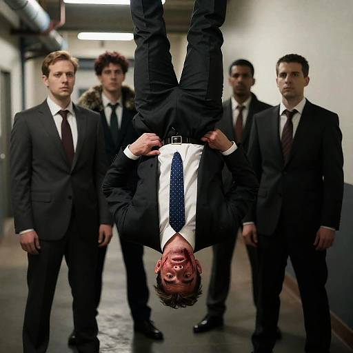 Men in Suits in a Dark Hallway