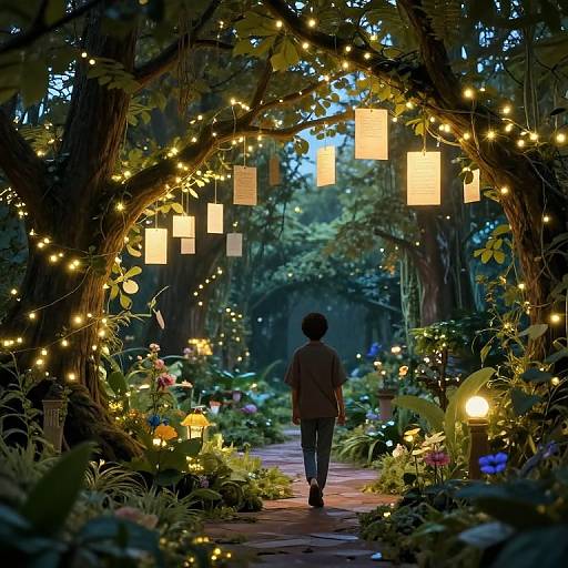 Digital artwork of a child walking through a magical, illuminated forest archway adorned with hanging lanterns and twinkling lights.