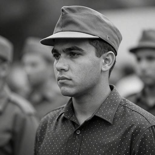 Black-and-White Portrait with Military Cap